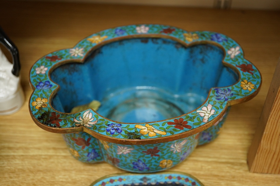 A late 19th century Chinese floral decorated cloisonné enamel quatrefoil shaped bowl on four feet and a similar pin dish, Bowl 24cm wide. Condition - interior marked